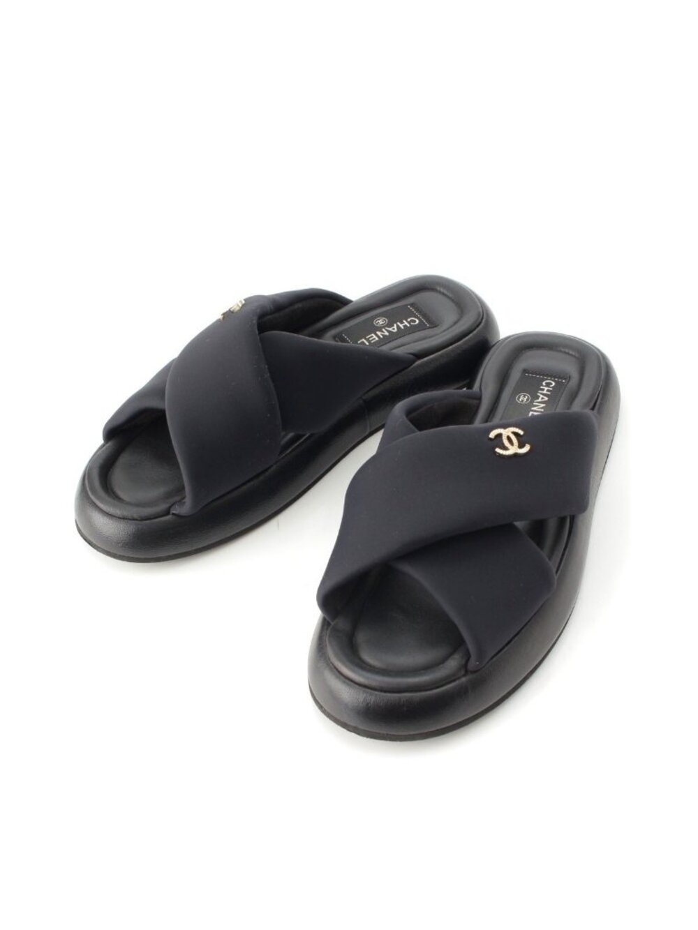 Chanel Nylon Leather CC Logo Cross Belt Sandals Shoes Black 38C